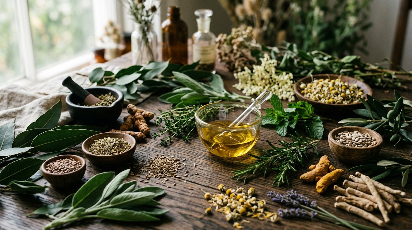 Botanical oil surrounded by herbs